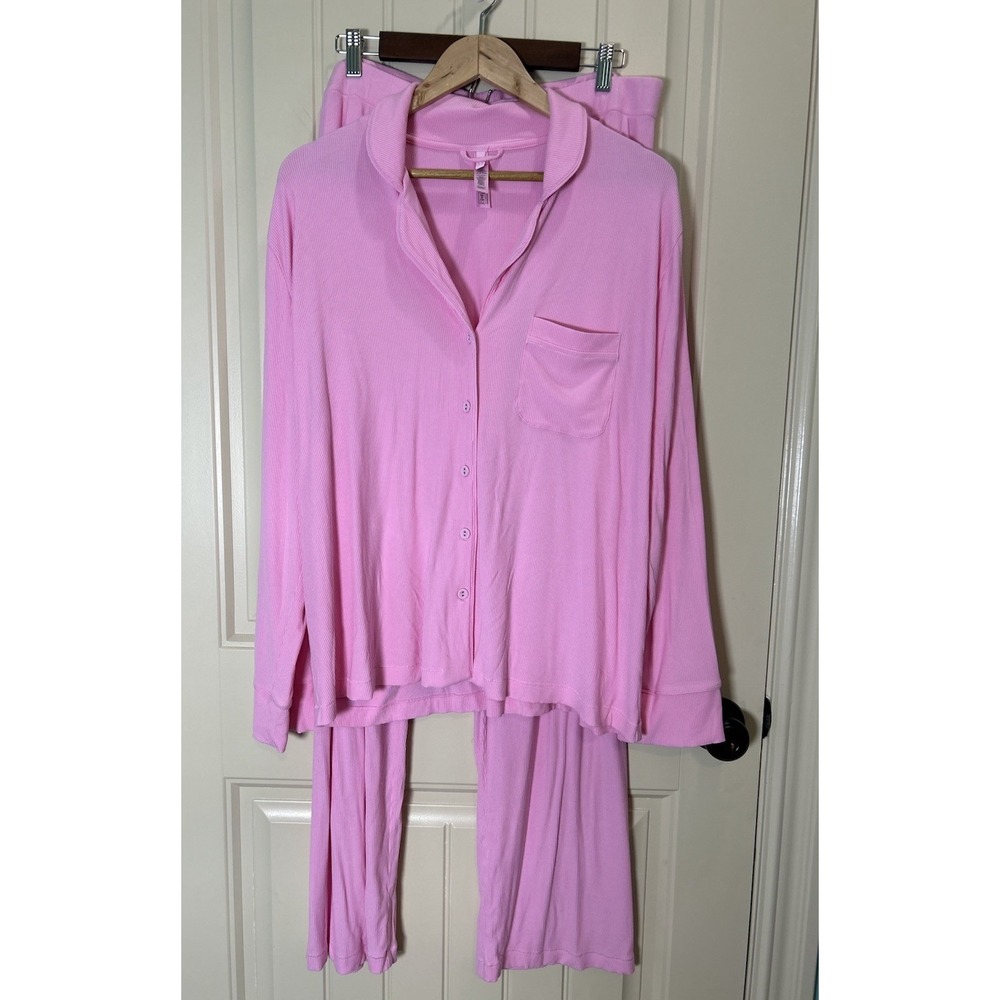 SKIMS Women Soft Lounge Sleep Pajama Set XL Pink Modal Button Down Front*FLAW*